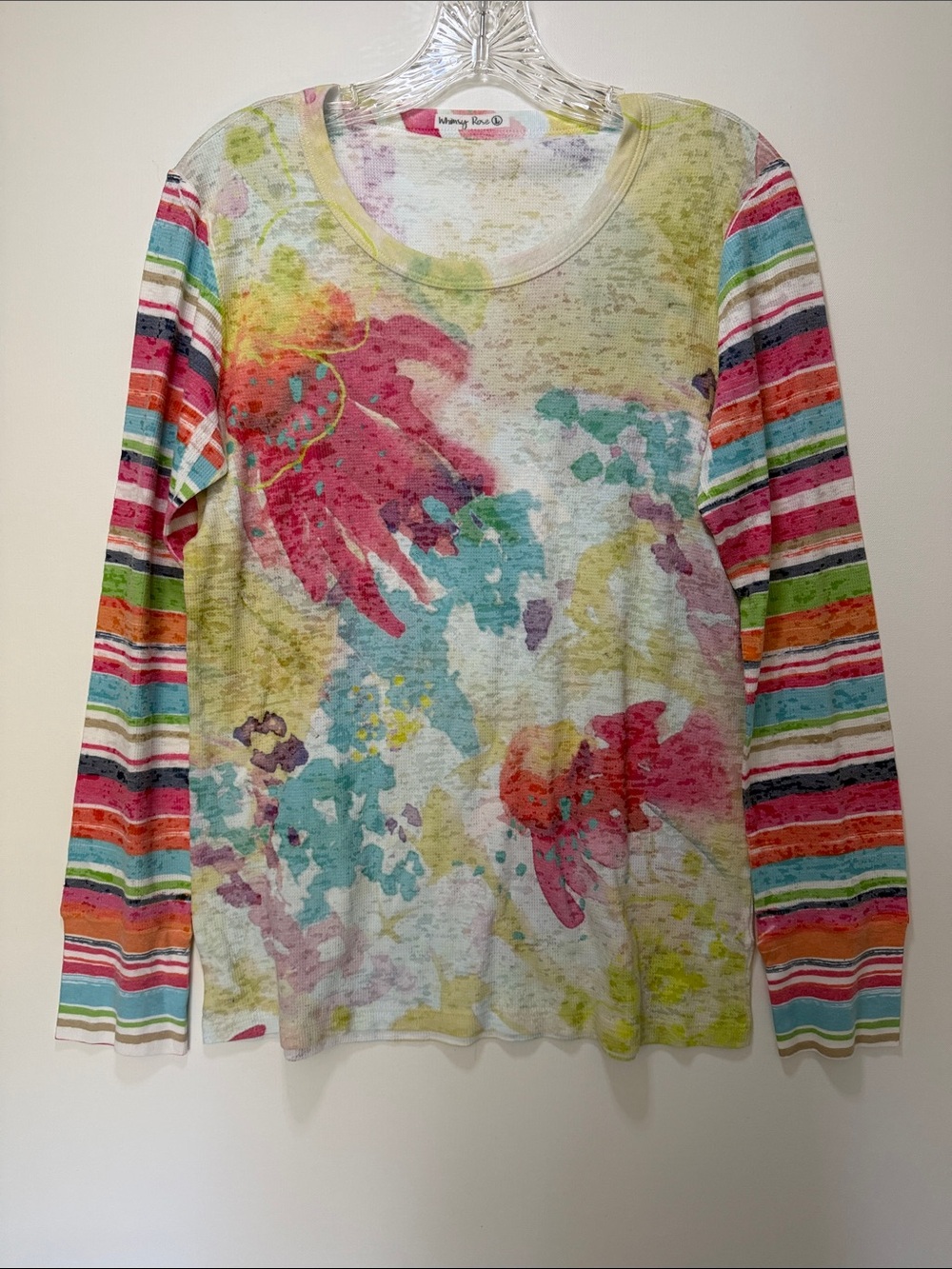 Whimsy Rose Women’s Bright Multi-Color Floral Stripe Long-Sleeve Top - L